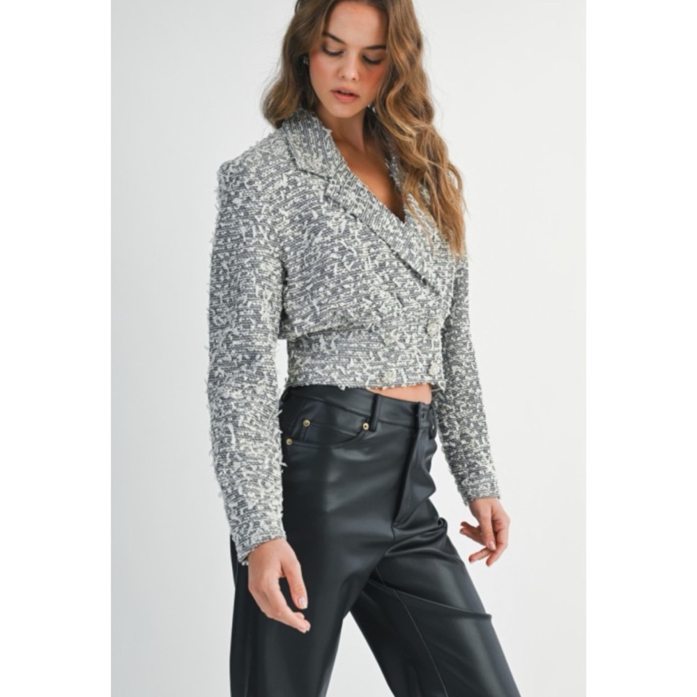 1074 • Black/White Confetti Tweed Crop Blazer Jacket w/Pearl Rhinestone Buttons - Picture 8 of 11